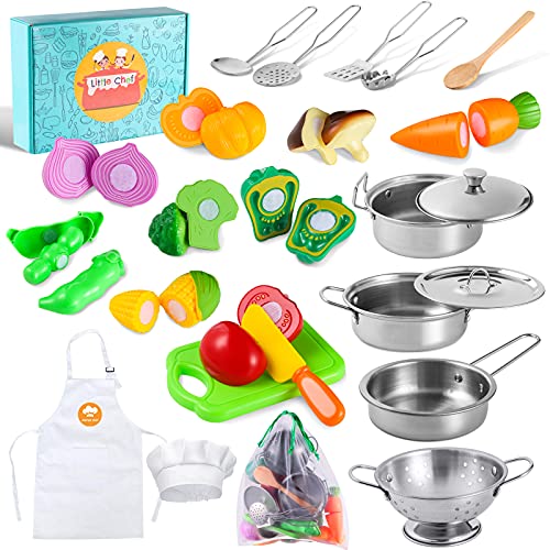 35 Pcs Kitchen Pretend Play Accessories Toys,Cooking Set with Stainless  Steel Cookware Pots and Pans Set,Cooking Utensils,Apron,Chef Hat,and  Cutting